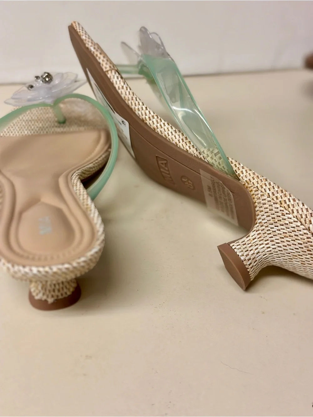 MIA Translucent Mint Floral Thong Sandals with Kitten Heels,Clear Flower Accents
